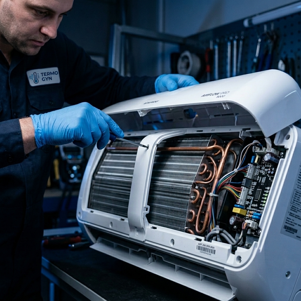 Técnico realizando a desmontagem detalhada de uma evaporadora de ar-condicionado para higienização em Goiânia